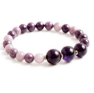 💕2/$30 Natural Tanzanian Amethyst Lepidolite Bracelet 7” Gemstone Bead Stretch